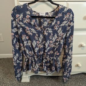 Sienna Sky Blue Gray Floral Button Long Sleeve V Neck Tunic Top - Size Medium